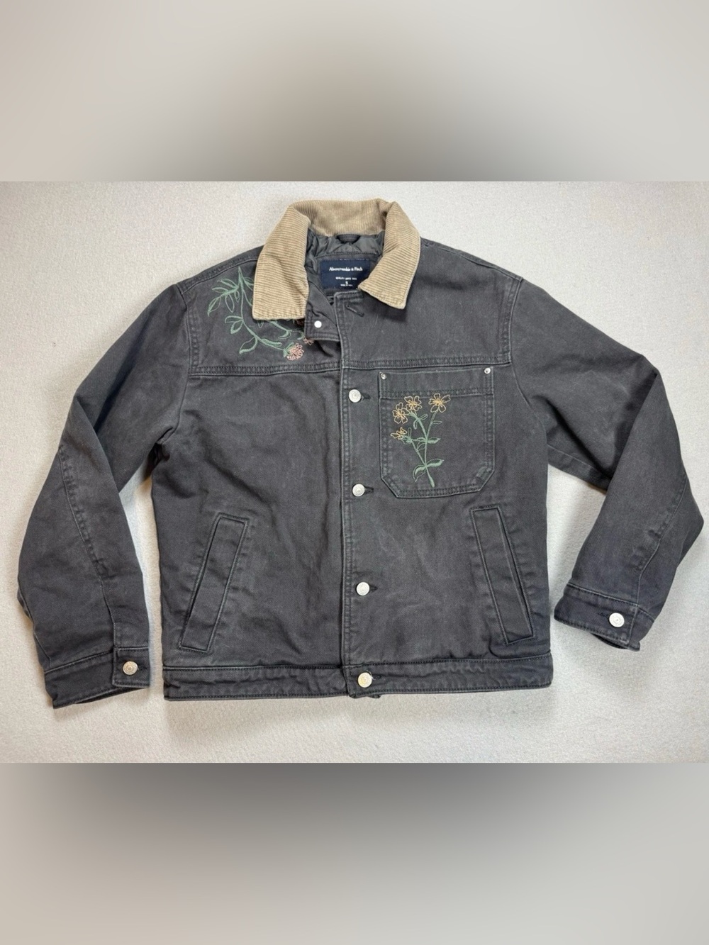 Abercrombie & Fitch Womens Denim Embroidered Quilt-Lined Chore Coat, Charcoal, S